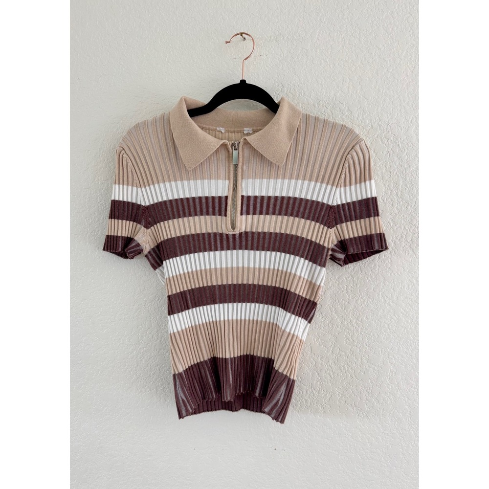 Vintage Striped Knit Polo Women S Brown Beige Good Ribbed Quarter Zip Top